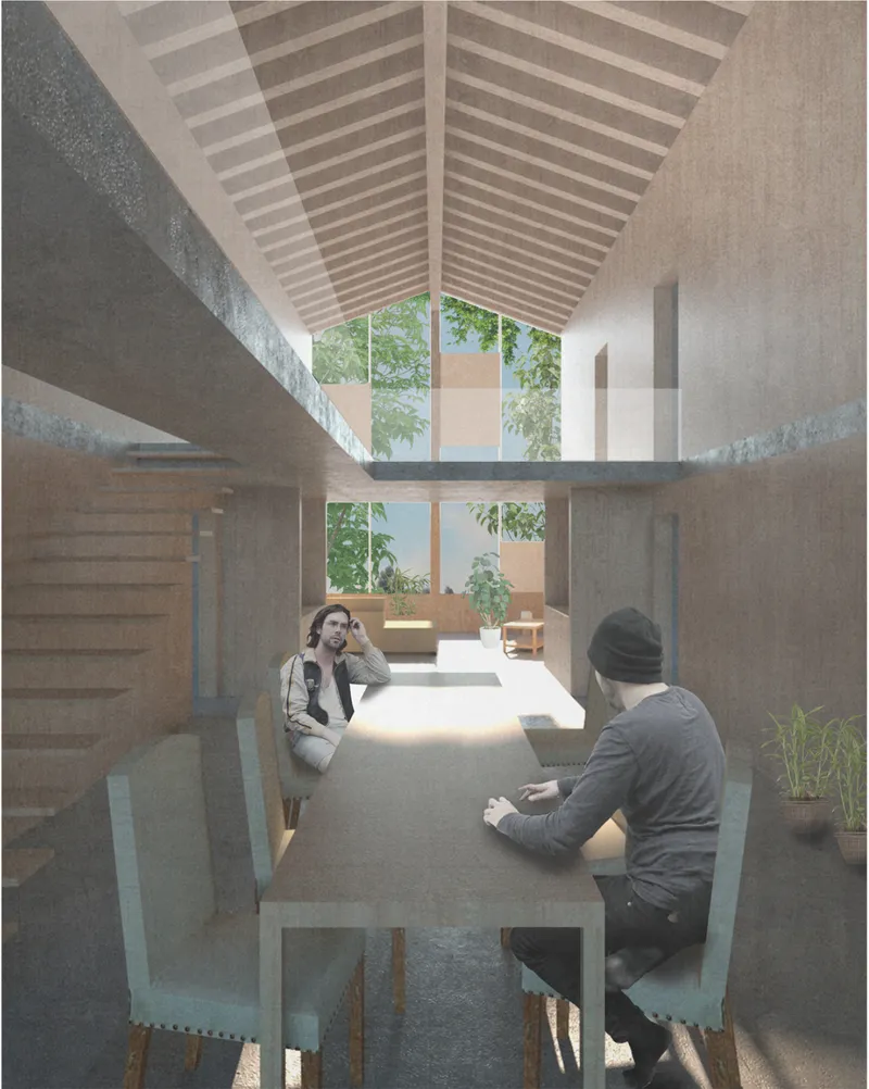 Interior communal room with exposed timber roof rafters, clerestory windows and two residents conversing
