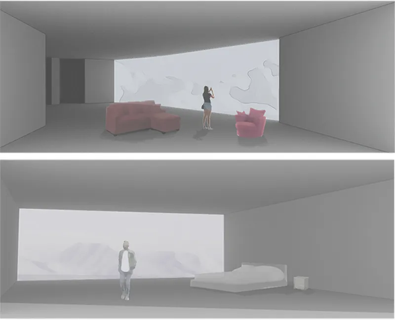 Interior rendering of a minimalist room with a figure standing before a large landscape projection