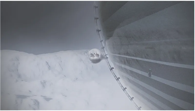 Aerial view of a reflective dome structure on a snow-covered roof with linear vents