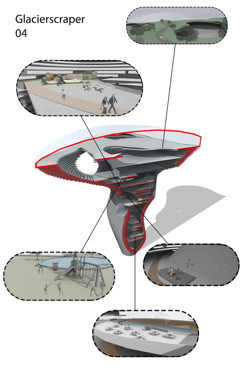 Exploded axonometric drawing showing stacked floor plates spiraling around a central vertical core