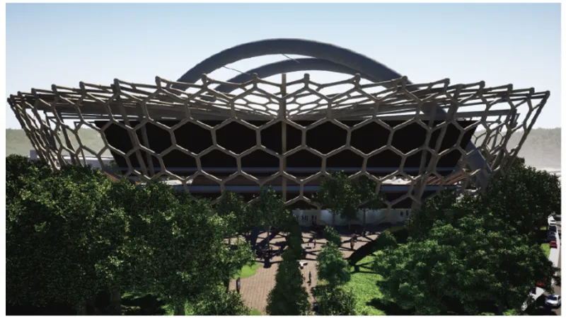 Elevated view of the hexagonal lattice canopy structure rising above mature trees and a brick plaza