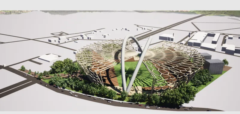 Aerial rendering showing a pair of timber lattice canopies supported by curved arches over a green plaza with surrounding trees