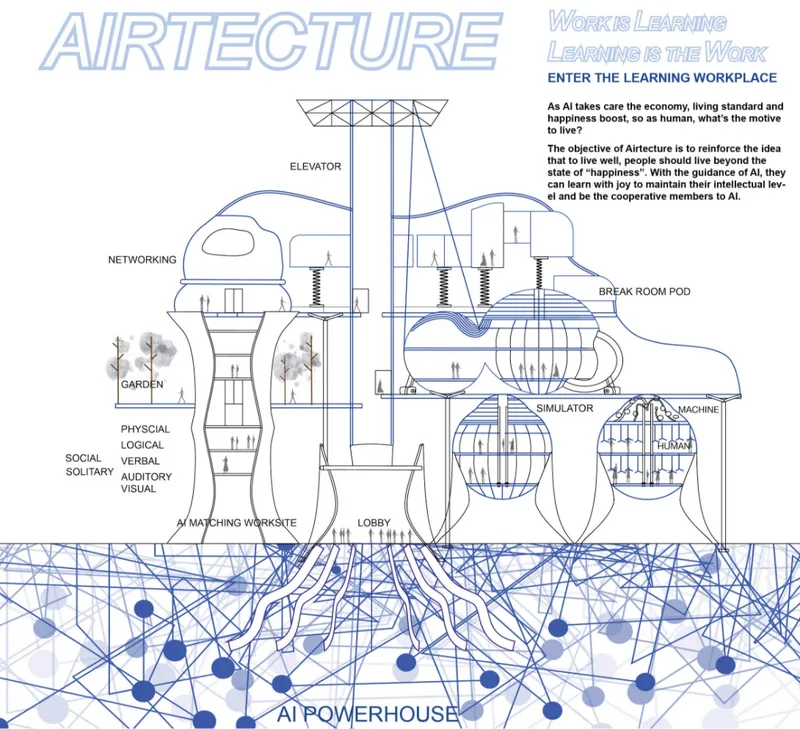 Sectional drawing showing interconnected pod-like volumes suspended above a networked infrastructure layer