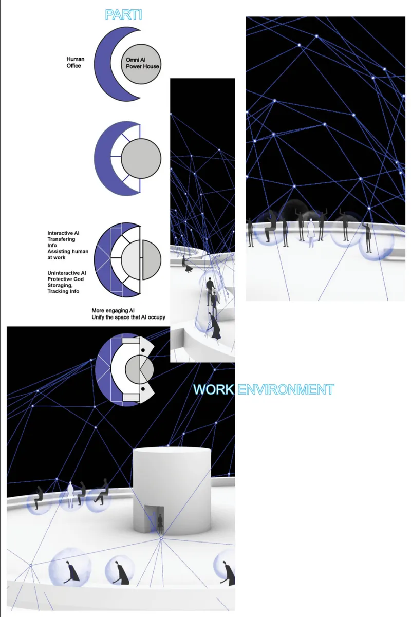 Diagram showing white interior spaces with figures beneath a geometric network ceiling projection