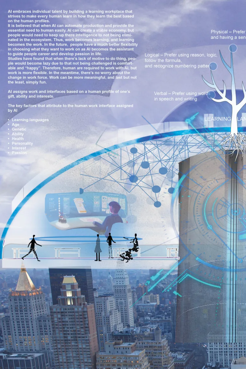 Collage rendering of a curved translucent shell structure with silhouetted figures over a city skyline