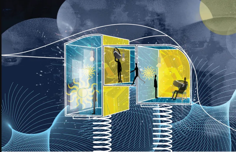 Axonometric illustration of a transparent pod with illuminated yellow and blue glass partitions on a gridded platform