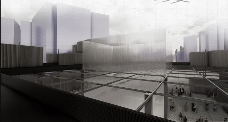 Aerial rendering of a sunken public plaza with glass skylights and figures below in misty urban context