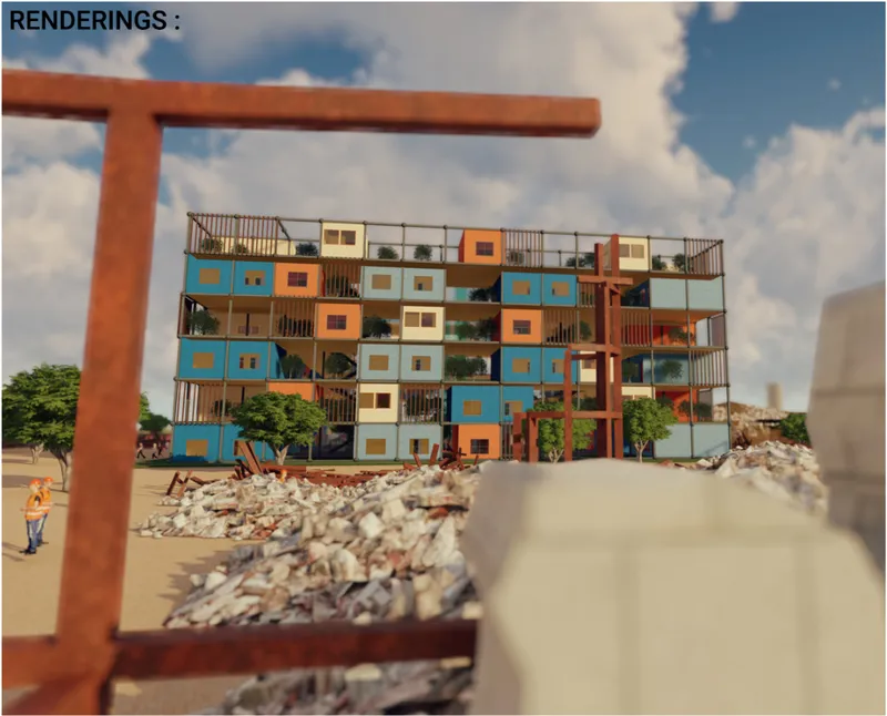 View of the modular housing facade framed through a timber structural element under cloudy skies
