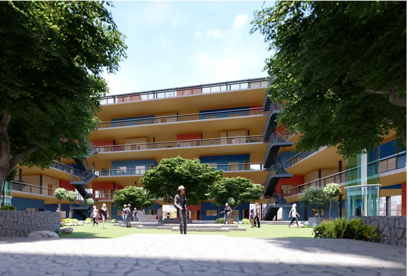 Courtyard view showing the stacked terraces with orange soffits and external steel staircases between planted trees