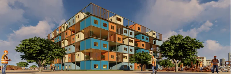 Street elevation of the housing block with blue and orange panels flanked by mature trees