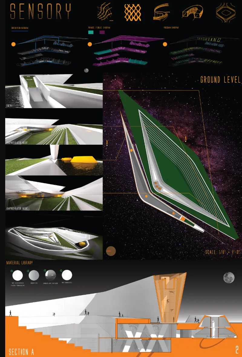 Presentation board showing axonometric plan, perspective renderings, section drawing and material palette for a ground level design