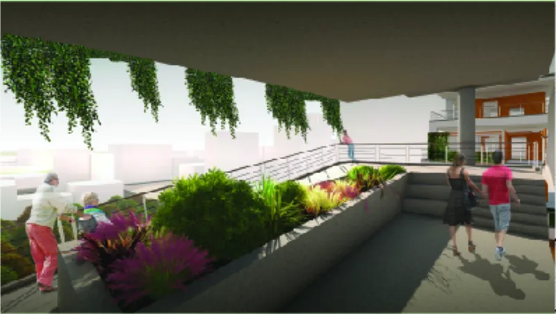 Covered outdoor terrace with hanging plants and raised planting beds at dusk