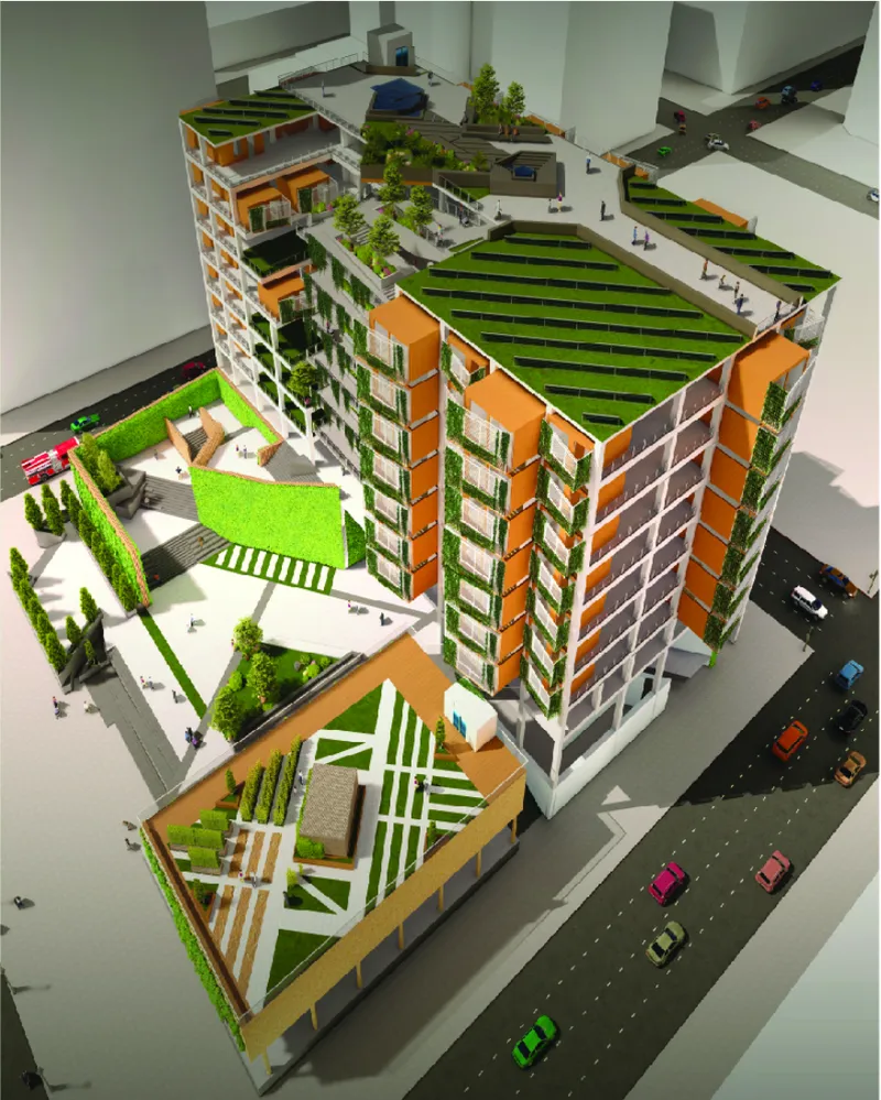 Physical model showing the residential towers with planted balconies and striped green rooftops beside miniature cars