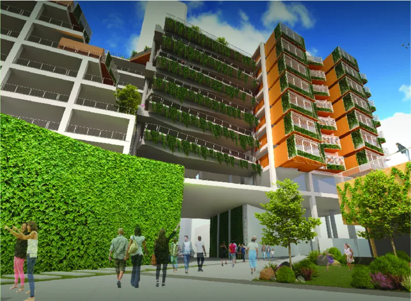Ground level view of the planted tower facades with people walking on the plaza under blue sky