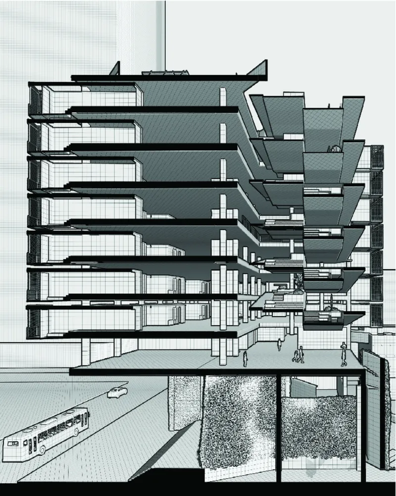 Section drawing showing the multilevel structure with balconies and underground transit station below