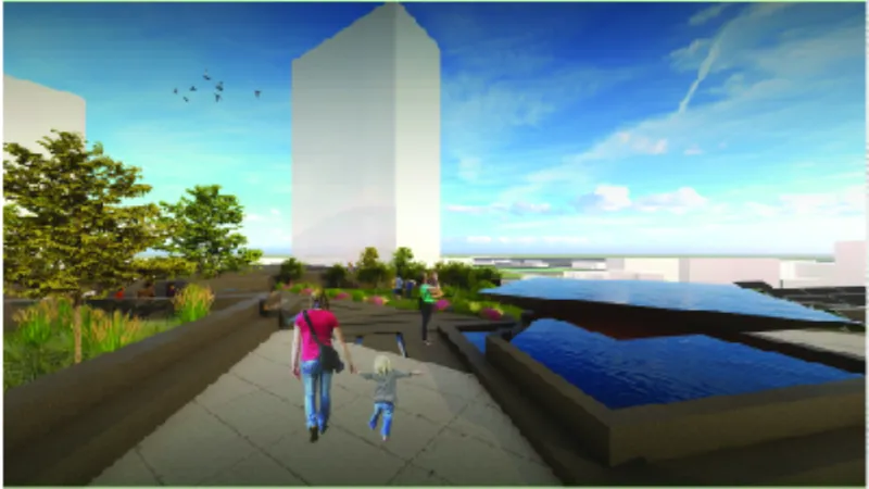 Rooftop terrace with reflecting pool and planted beds as a person walks with a child