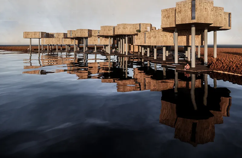Cork-clad volumes elevated on white cylindrical columns above calm water reflecting the structure and landscape