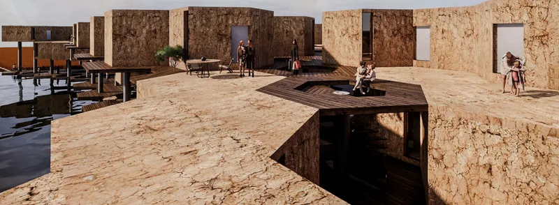 Cork-paved rooftop terrace with openings to the level below and visitors gathering in afternoon light