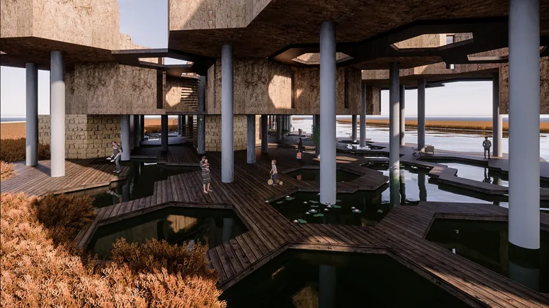 Interior view beneath the elevated volumes showing timber walkways crossing water pools between cylindrical columns