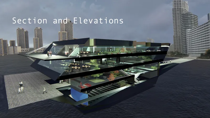 Section drawing showing the layered interior spaces within the angular cantilevered volumes