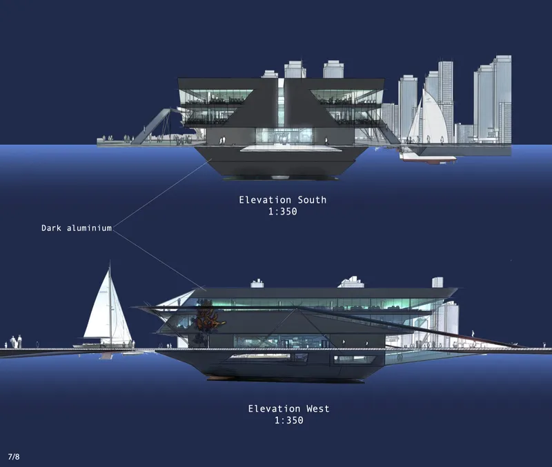 South and west elevation drawings of the waterfront structure with dark aluminum cladding notation