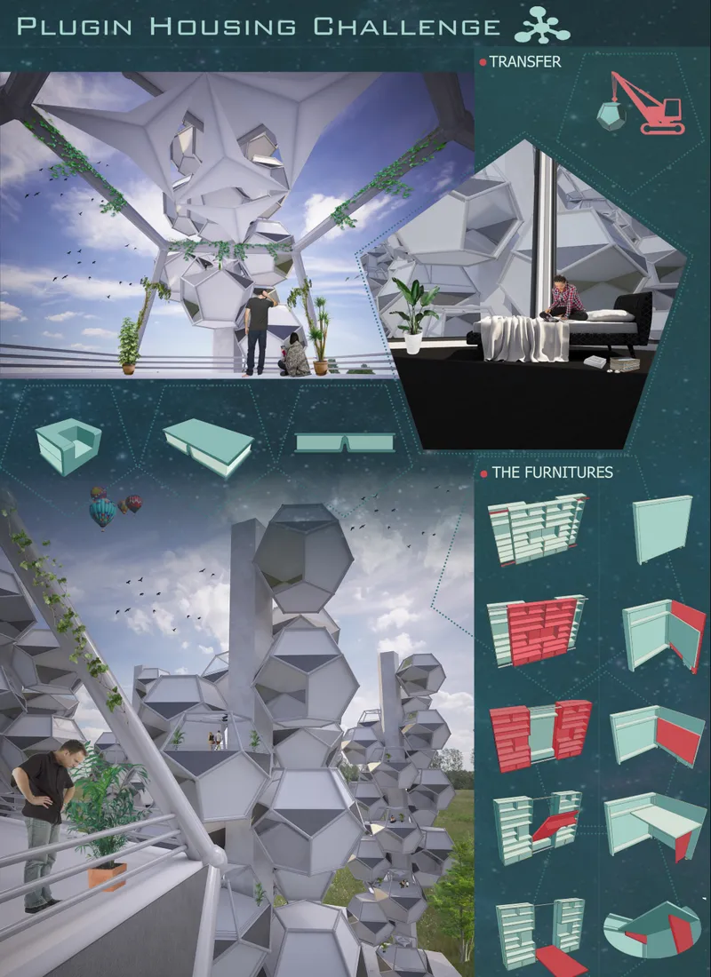 Presentation board showing interior views of modular units with faceted walls and diagrams of furniture configurations