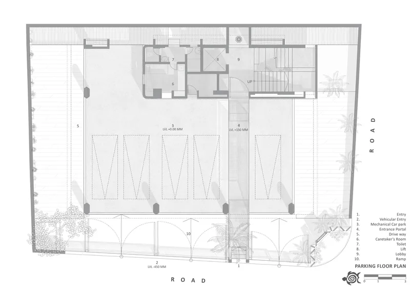 Parking floor plan showing six angled bays with service core and entrance from the road