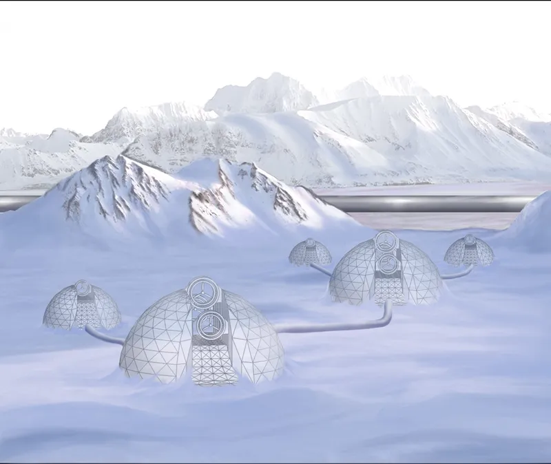 Rendering of geodesic dome structures half-buried in snow with a fjord and snow-covered mountains beyond