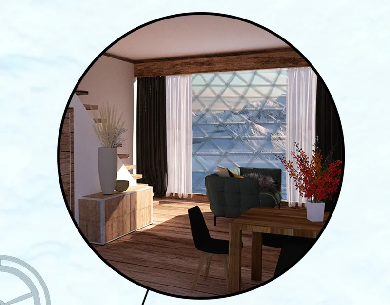 Interior view through a circular opening showing a dining space with timber floor and triangulated glazing facing mountains
