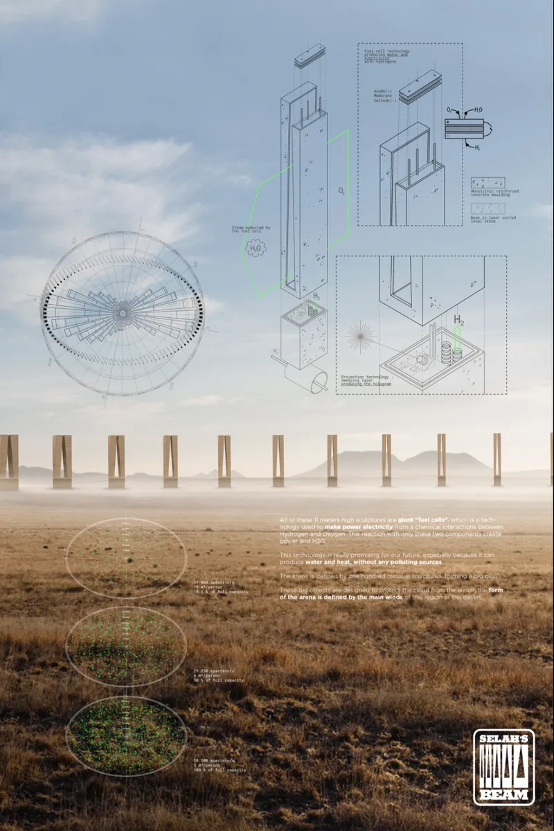 Technical axonometric drawing with assembly details above a desert landscape with timber post array