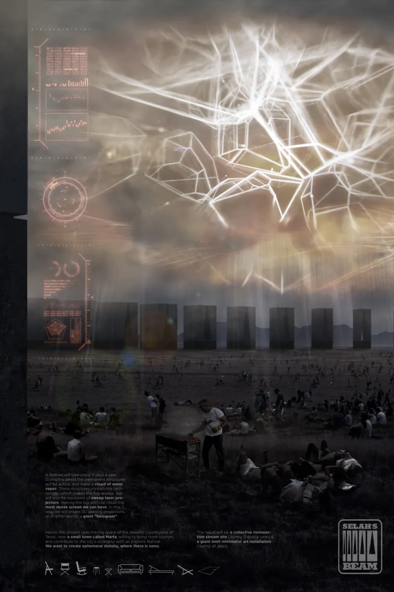 Digital rendering showing a courtyard filled with people beneath an illuminated geometric canopy