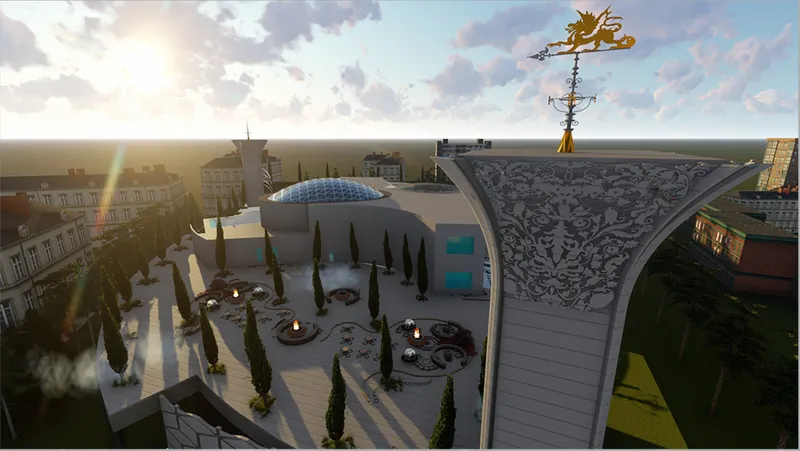 Aerial perspective of the domed roof terrace with ornamental weathervane and patterned facade panel at dusk