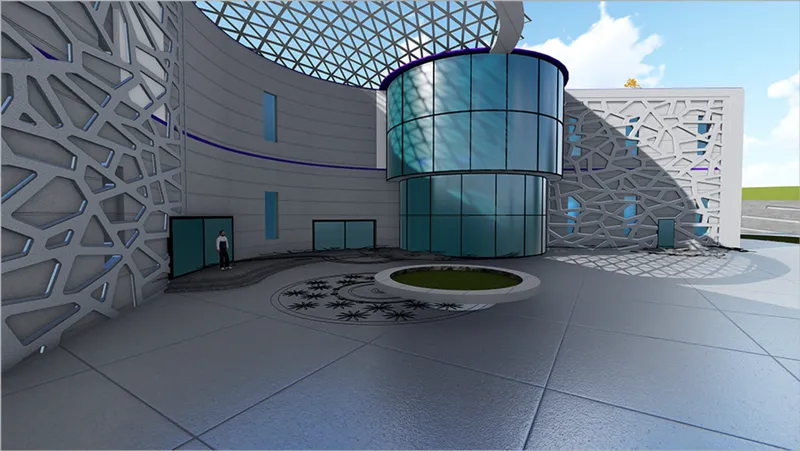 Courtyard view showing the curved glass tower and white geometric screen walls under a lattice canopy