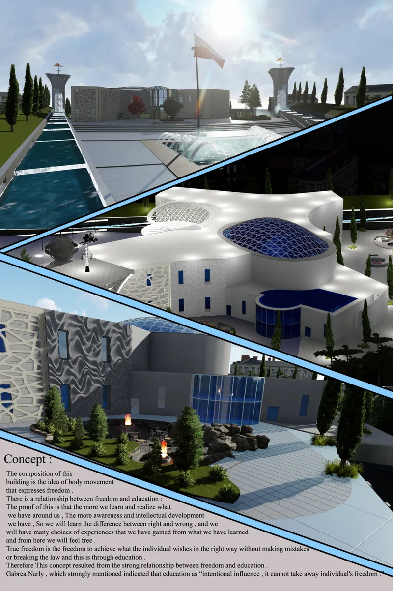 Collage showing aerial views of the white curvilinear roof volumes and courtyard features with cypress trees