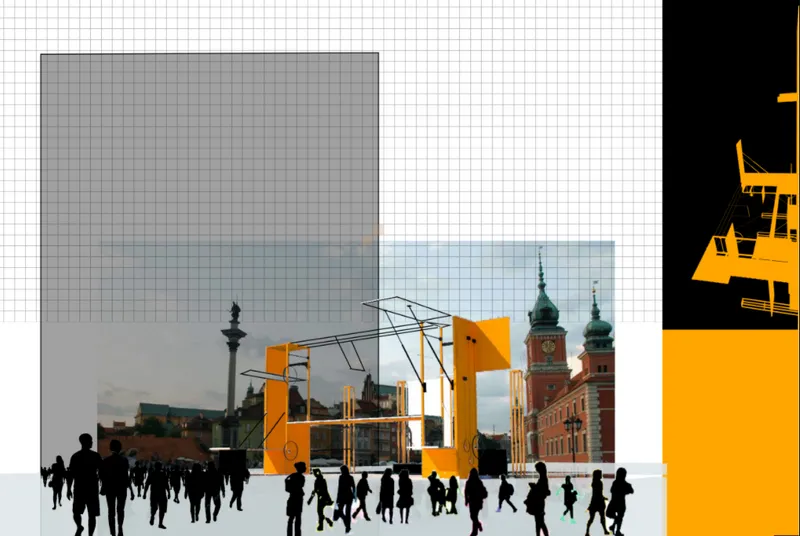 Rendering of orange play structure in a public square with historic twin-tower church backdrop