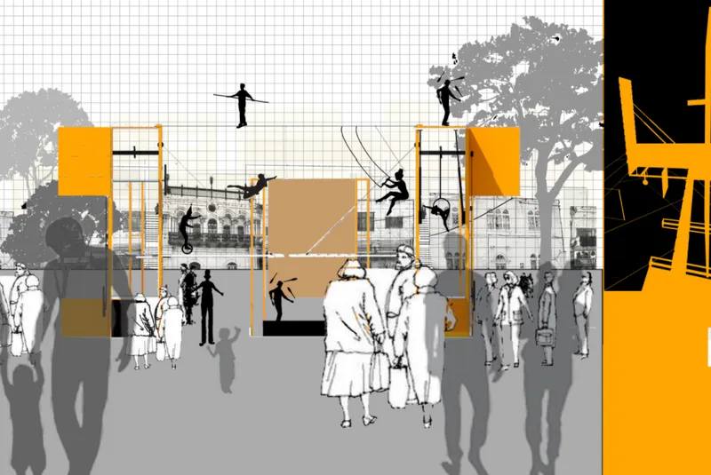 Rendering of orange scaffolding frames with acrobats and pedestrians in an open plaza with trees
