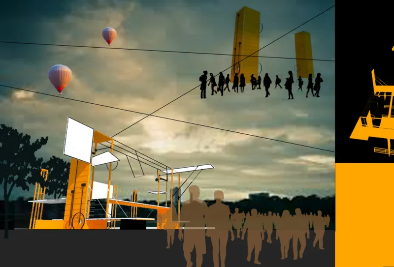 Rendering of a cable-suspended walkway with silhouetted figures and hot air balloons at dusk