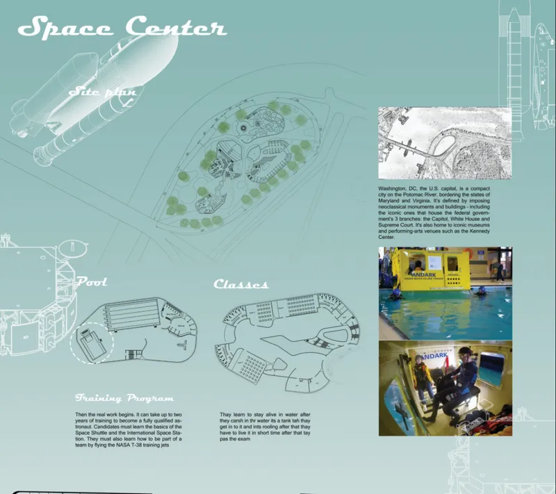 Presentation board with site plan, floor plan drawings, training pool photographs, and descriptive text panels