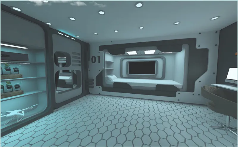 Interior corridor with hexagonal floor tiles, recessed ceiling lights, and built-in display shelving