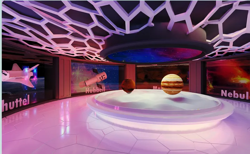 Exhibition hall with hexagonal patterned ceiling, circular platform, and suspended planetary models under purple lighting