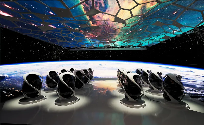 Observation chamber with curved seating pods facing a panoramic window view of Earth from orbit