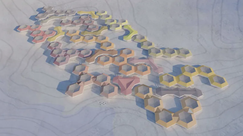 Aerial view of hexagonal modular volumes clustered organically on a snow-covered landscape with contour lines
