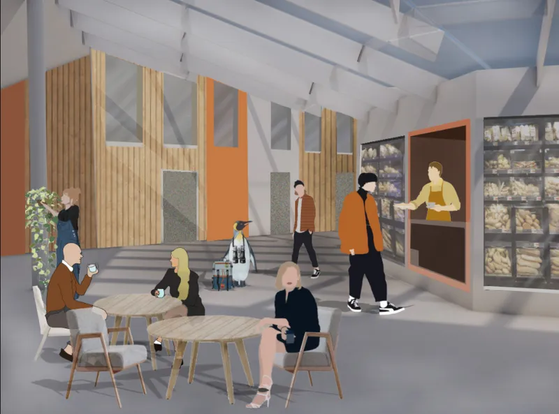 Interior rendering showing people gathered at round tables beneath exposed timber beams and vertical wood slat partitions