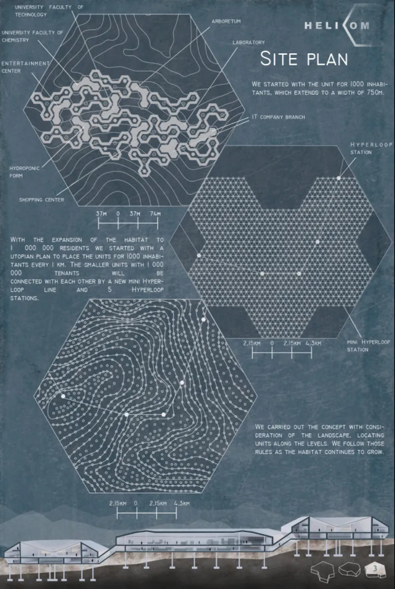 Site plan drawing illustrating hexagonal unit clusters, topography, sections, and programmatic labels on a textured background
