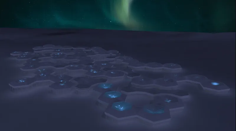 Night rendering of clustered hexagonal volumes with glowing blue skylights beneath the northern lights