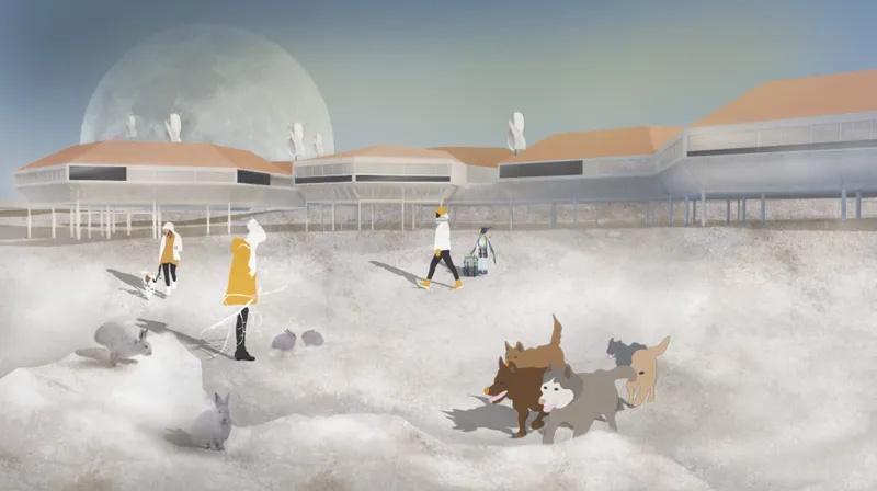 Rendered perspective showing figures and dogs walking across a snowy plaza toward domed and undulating roof forms