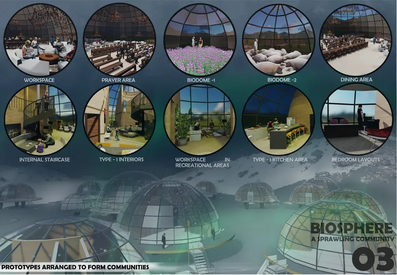 Rendered vignettes of interior spaces within dome structures including workspaces, prayer areas, and planted biodomes