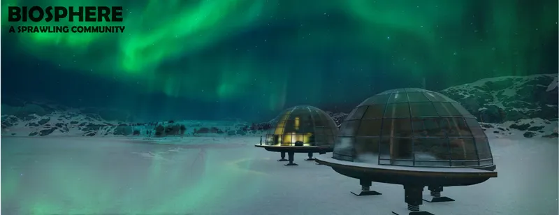 Two illuminated geodesic dome structures in a snowy landscape beneath green aurora borealis