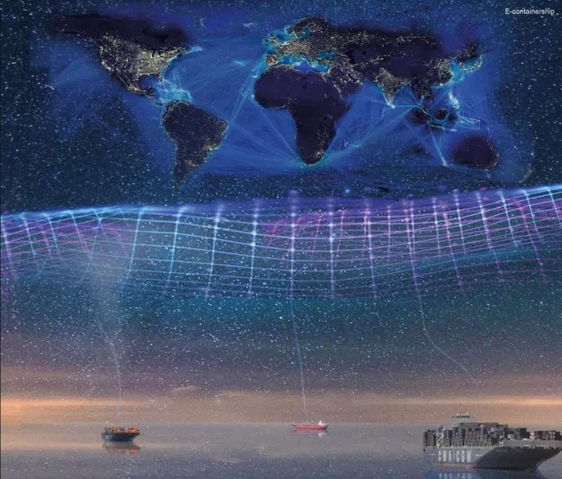Composite diagram showing global shipping network connections above a horizon line with container vessels at sea