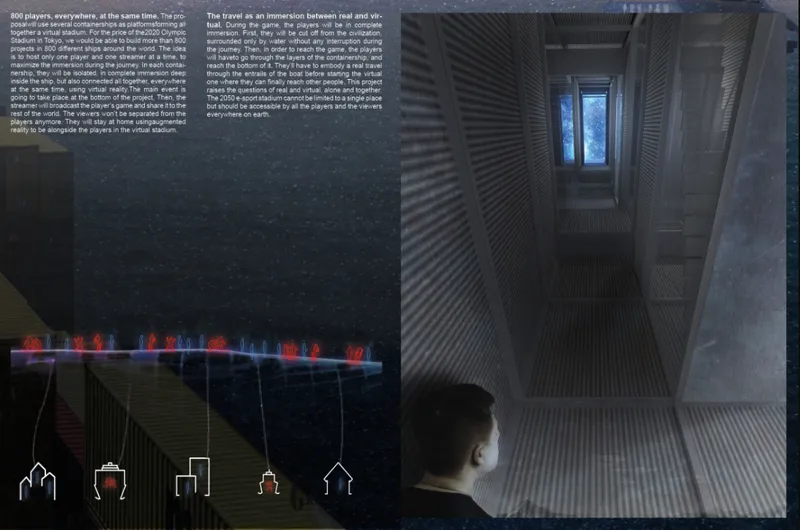 Narrow corridor with ribbed metal walls and a distant blue-lit window opening at the end